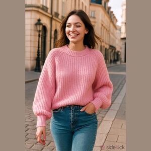 Zara Womens Balloon Sleeve Hot Pink Knit Sweater Wool Alpaca Blend Size XL